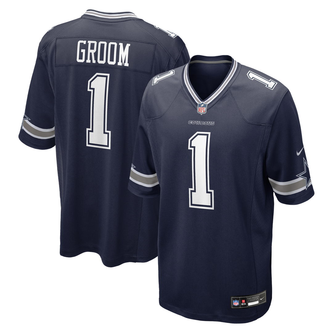 Dallas Cowboys Number 1 Groom Nike Navy Game Jersey product image 1, provided for visual reference and product detail review