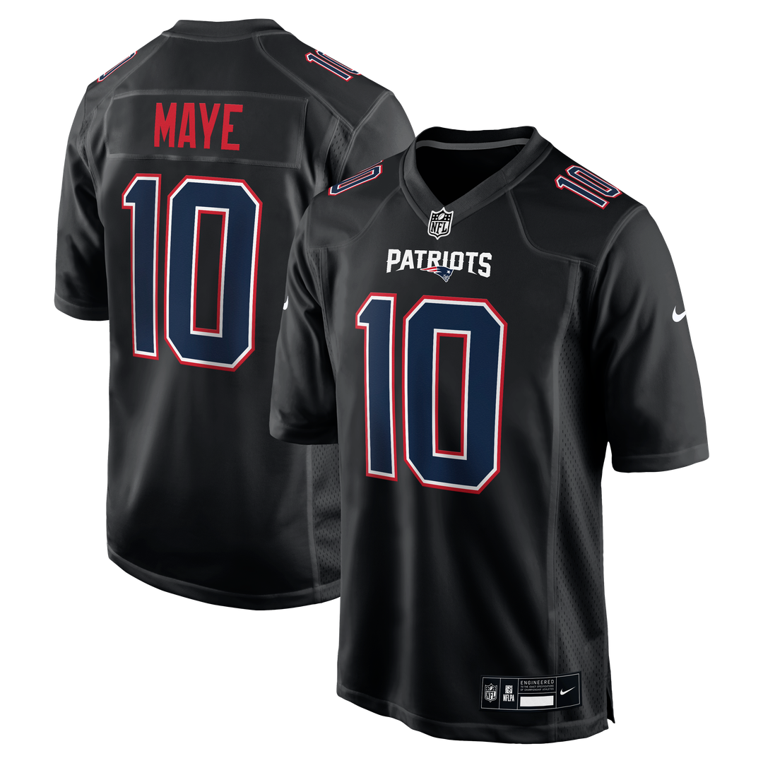 New England Patriots Drake Maye Nike Carbon Black Game Jersey product image 1, provided for visual reference and product