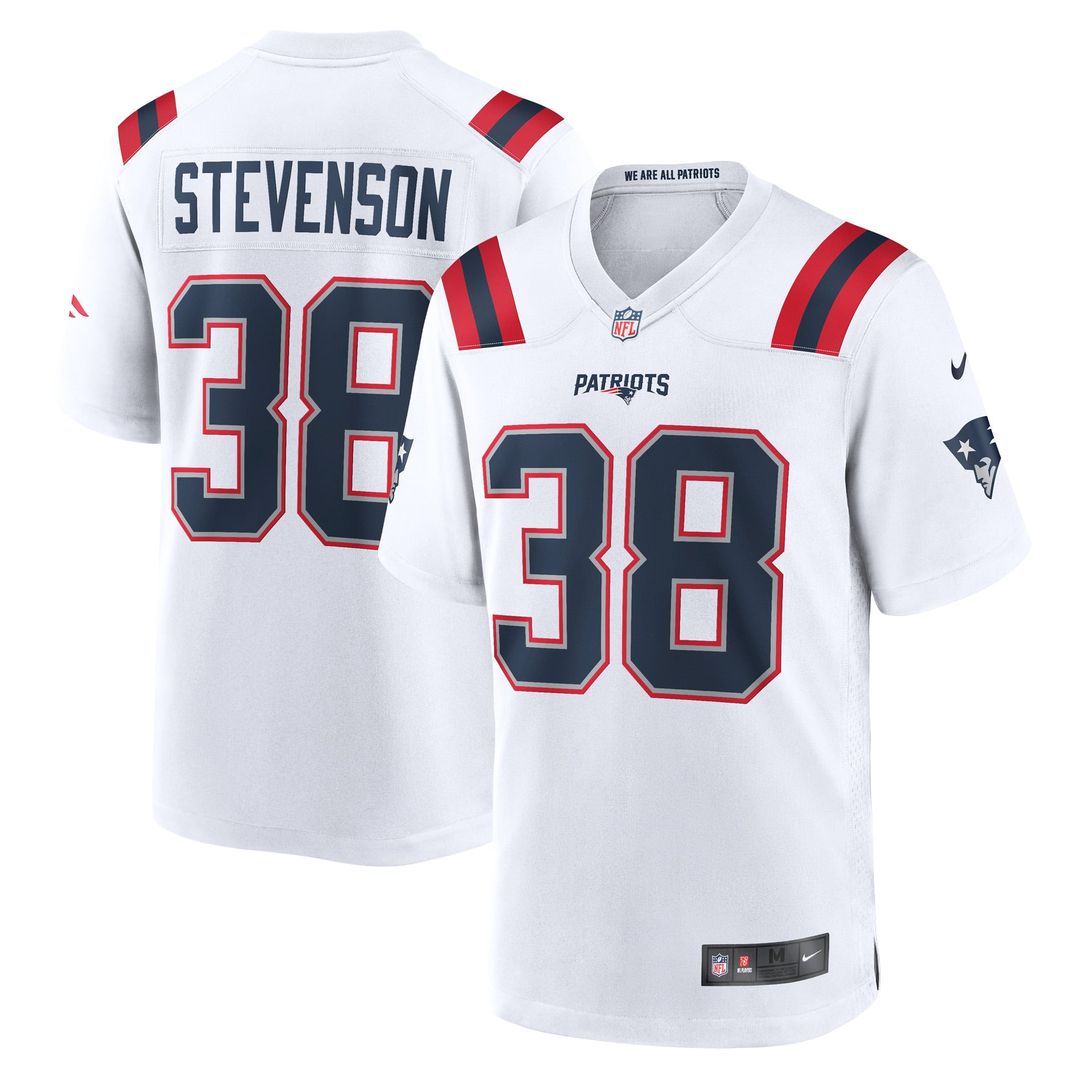New England Patriots Rhamondre Stevenson Nike White Game Player Jersey product image 1, provided for visual reference and
