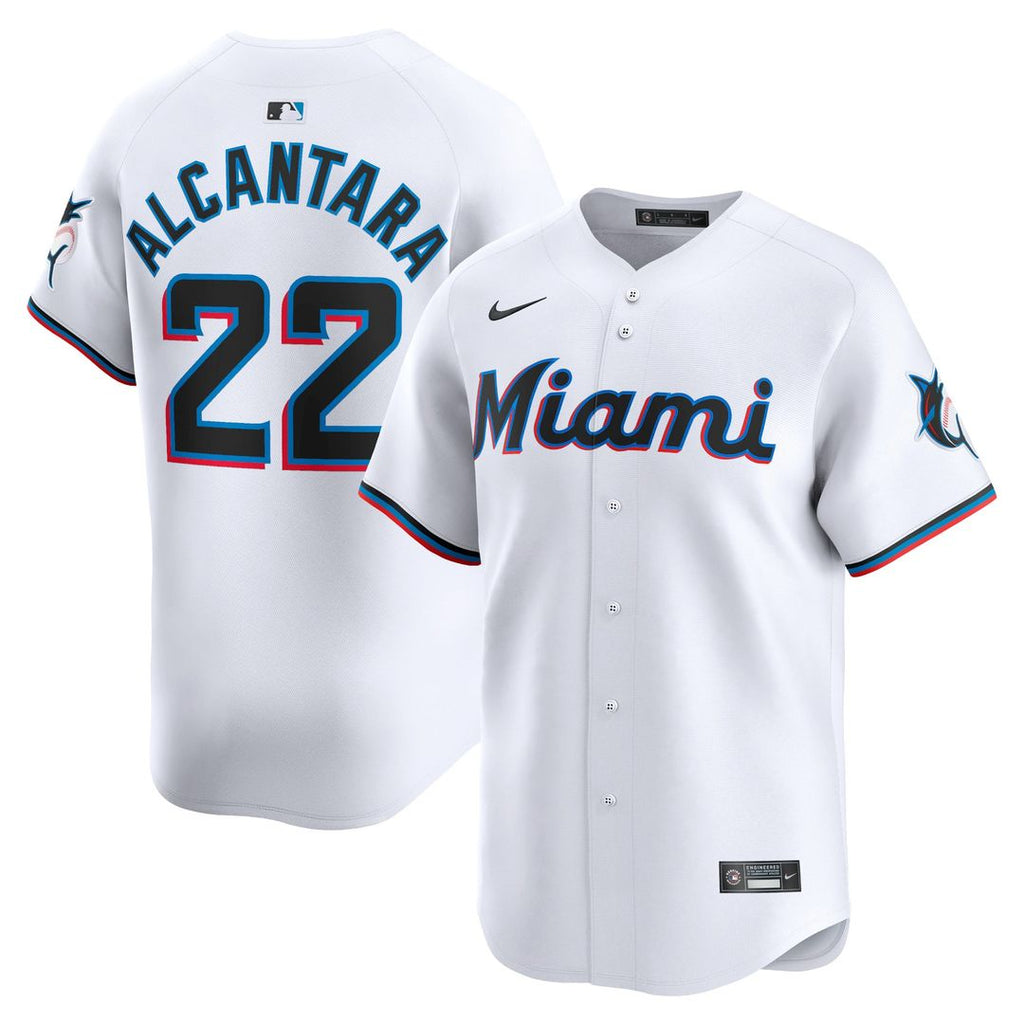 Miami Marlins Sandy Alcantara Nike White Home Limited Player Jersey product image 1, provided for visual reference and