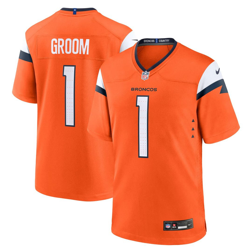 Denver Broncos Number 1 Groom Nike Orange Game Jersey product image 1, provided for visual reference and product detail